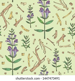Seamless pattern with baikal skullcap: baikal skullcap flowering branch and root. Cosmetic and medical plant. Vector hand drawn illustration