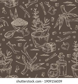 Seamless pattern with baikal skullcap: baikal skullcap flowering branch and root, soap and bath salt . Cosmetic and medical plant. Vector hand drawn illustration. 