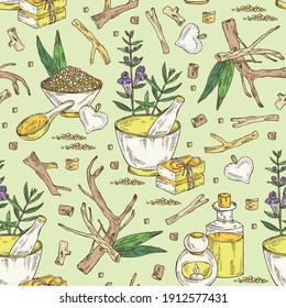 Patrón sin foco con cráneo baikal: bifurcación y raíz de rayas de calavera baikal, jabón y sal de baño. Planta cosmética y médica. Ilustración dibujada a mano por vectores. 