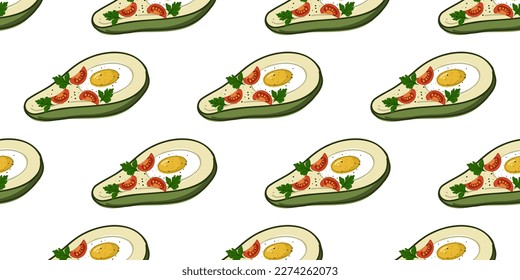 Seamless pattern with baked avocado with tomatoes and parsley. Vector illustration