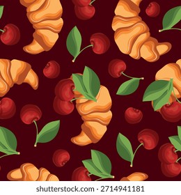 padrão sem costura com croissants cozidos e ícones de cereja ao lado, indicando o sabor da massa em um fundo vermelho, para menus e vários desenhos de alimentos