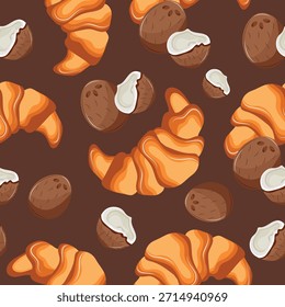 seamless pattern with baked croissants with fruit filling, namely with coconut filling on a brown background, for menus and various food designs