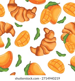 Patrón sin fisuras con croissants horneados y mangos maduros, que denota el sabor de los pasteles, para menús y varios diseños de alimentos