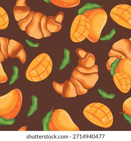 padrão sem costura com croissants cozidos e mangas maduras que denotam o sabor de doces em um fundo marrom, para menus e vários desenhos de alimentos