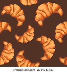 seamless pattern with baked croissants with soft volume and smooth shapes on a brown background, for menus and various food designs