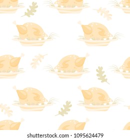 Seamless pattern with baked festive turkey and vegetables on a plate in light color.Thanksgiving day dinner vector background.