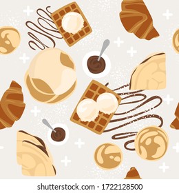 Seamless pattern with baked goods. Pattern with Belgian waffles, pancakes, ice cream, chocolate paste and croissants. Sweet breakfast background