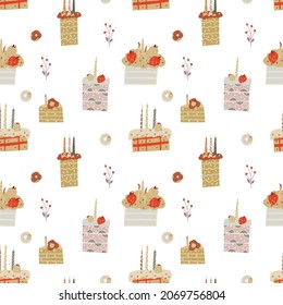 Seamless pattern with baked goods, cakes, candles. Colorful vector design for print and web. 