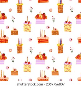 Seamless pattern with baked goods, cakes, candles. Colorful vector design for print and web. 
