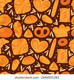 Seamless pattern baked goods croissant, loaf, pretzel, bun, baguette, roll, danish pastry, and donut isolated on dark background. Flat vector illustration. Bakery and food concept cooking pastry
