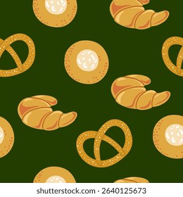 Seamless pattern of baked goods including croissants, pretzels, and sweet buns on dark background, flat vector illustration