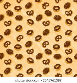 Seamless pattern with baked goods, on a light brown background. Perfect for culinary blogs, cafe menus, restaurants, as well as for food packaging.