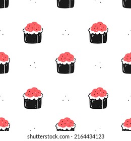 Seamless pattern with baked sushi rolls on a white background. Japanese food. Vector illustration background.