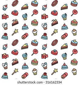 Seamless pattern of bakery and cake icons. Candy, sweet set. Vector