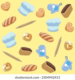 Seamless pattern for bakery with chef's hat, rolling pin, grip, kalatch, bun, loaf of bread and long loaf on the yellow background