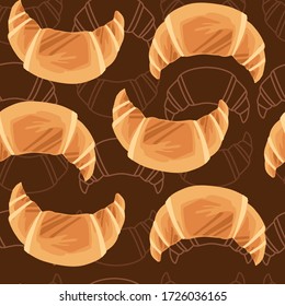 Seamless pattern with bakery croissants products for bakery shop cartoon food flat vector illustration on brown background