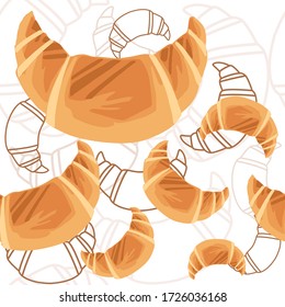 Seamless pattern with bakery croissants products for bakery shop cartoon food flat vector illustration on white background