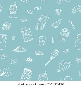 Seamless Pattern Of Bakery And Desserts Ingredients And Tools