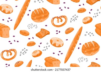 Seamless pattern with bakery elements, bread and donuts, abstract shapes.  Cute cartoon style. Limited color palette. 