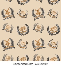 Seamless pattern with bakery emblems. Design element for poster, wrapping paper. Vector illustration 