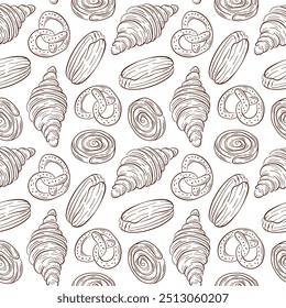 Seamless pattern with bakery food croissant, pretzel, roll and eclair. Hand drawn design for packaging, backgrounds, menu, cafe, restaurant.