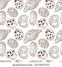 Seamless pattern with bakery food croissant, pretzel, roll, eclair, muffin, chocolate cookie chip. Line art design for packaging, backgrounds, menu, cafe, restaurant on a white background.