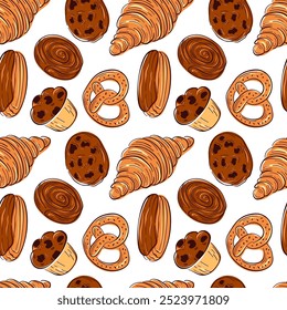 Seamless pattern with bakery food croissant, pretzel, roll, eclair, muffin, chocolate cookie chip in flat style. Colorful design for packaging, backgrounds, menu, cafe, restaurant on white background.