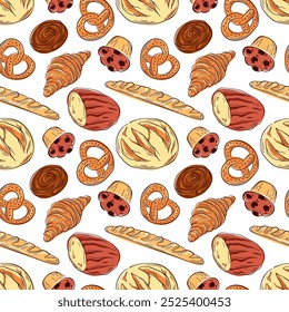 Seamless pattern of bakery food in flat style. Bread, pretzel, croissant, cinnamon bun and muffin. Perfect design for food packaging, textile, restaurant and menu.