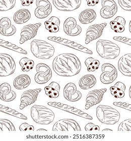 Seamless pattern of bakery food in line art style. Bread, pretzel, croissant, cinnamon bun and muffin. Ideal for food packaging, textile, cafe and menu.