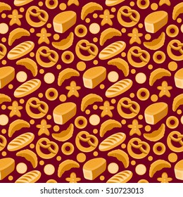 Seamless pattern of bakery food on brown background. Vector cartoon bread, croissant and so.