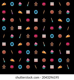 Patrón transparente de iconos de panadería sobre fondo negro