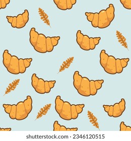 Seamless pattern of bakery items, croissants, and leaves. Creative texture for packaging, textiles, and wallpaper. This cute vector illustration is on a white background.