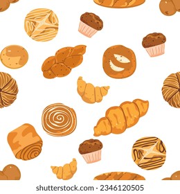 Seamless pattern of bakery pastries, desserts, bread, creative textures for packaging, textiles, wallpaper, cute vector illustration, and white background.