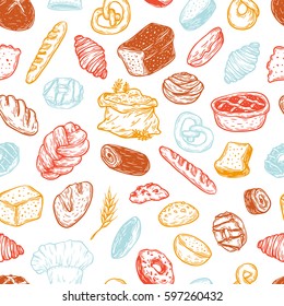Seamless pattern. Bakery and pastry products. Vector bread. Different types of bread, buns, sweets. Illustrations for bakery shop, kitchen or cafe.