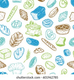 Seamless pattern. Bakery and pastry products. Vector bread. Different types of bread, buns, sweets.