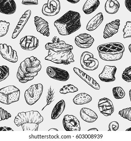Seamless pattern. Bakery and pastry products. Vector bread. Different types of bread, buns, sweets. 