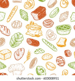 Seamless pattern. Bakery and pastry products. Vector bread. Different types of bread, buns, sweets. 