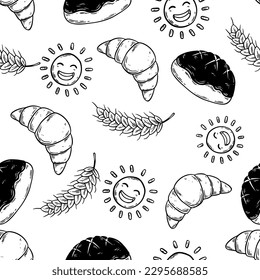 seamless pattern of bakery product with doodle style on white background