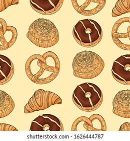 Seamless pattern  with bakery products: croissant, donut, pretzel, bun on beige background.