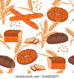 Seamless pattern with bakery products and ears of cereals.Baguette, long loaf, rye and wheat bread, braided bun on white background.Realistic vector isolated illustration in cartoon style.