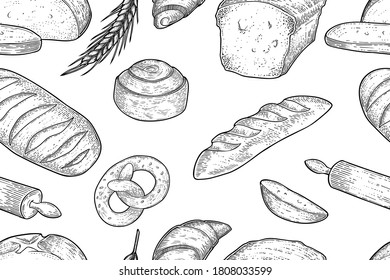 Seamless pattern of bakery products, hand drawn vector, engraving style