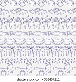 Seamless pattern of bakery products. Hand drawn food elements background. Cupcakes, croissants, macaroons and candies seamless texture. 