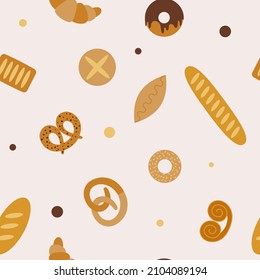 Seamless pattern with bakery products. Patty, bun, loaf, donut, pretzel, bread.