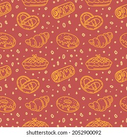 Seamless pattern. Bakery products. Pie, croissant, pretzel, donut. Vector in doodle style. Suitable for textiles and packaging.