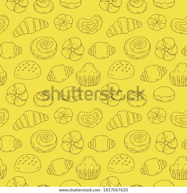 Seamless pattern bakery products, vector\
illustration, sketch, yellow\
background