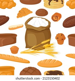 Seamless pattern and bakery products.Confectionery products.Croissants and a French baguette, a loaf of bread and a pancake.Sandwich bread and rye loaves.A set of vector illustrations made of flour.