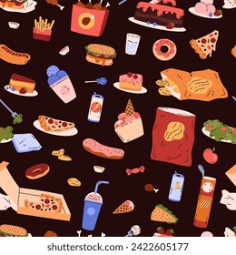 Seamless pattern with bakery sweets, desserts and fatty fast food. Cartoon eating disorder, unhealthy chips, hamburger, pizza, ice cream, cake, candies. Overeating, sugar addiction vector concept