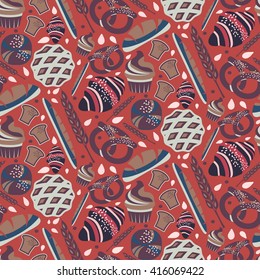 Seamless pattern for bakery theme with bread,loaf, croissant, cupcakes, pretzel and spike. Vector illustration