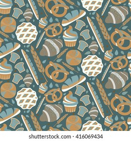 Seamless pattern for bakery theme with bread,loaf, croissant, cupcakes, pretzel and spike. Vector illustration