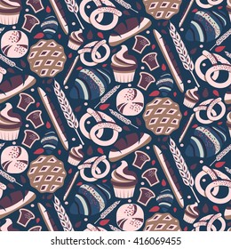 Seamless pattern for bakery theme with bread,loaf, croissant, cupcakes, pretzel and spike. Vector illustration